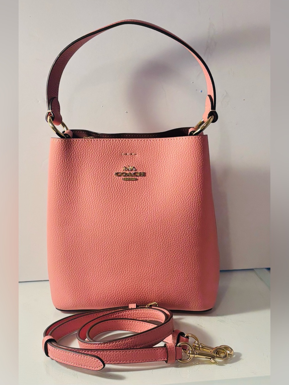 Coach Pink Pebbled Leather Bucket Tote with Gold Hardware